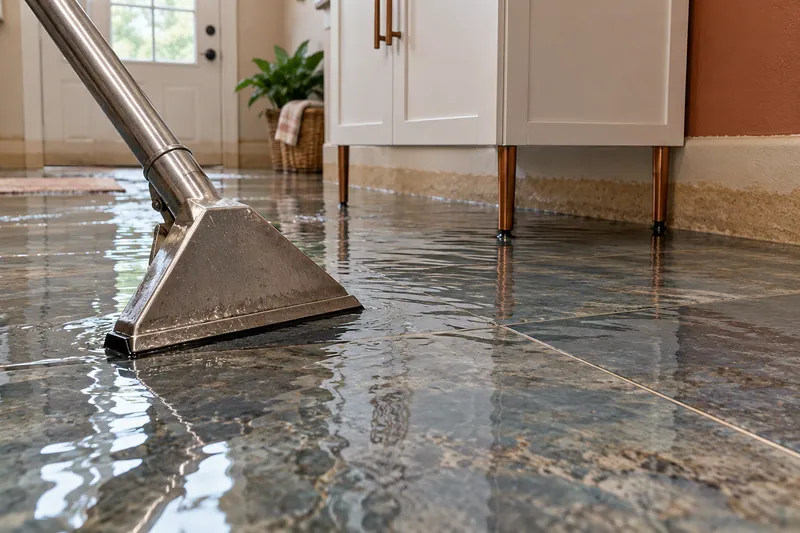 Water Extraction in Pflugerville — extraction wand beside a visible cabinet waterline